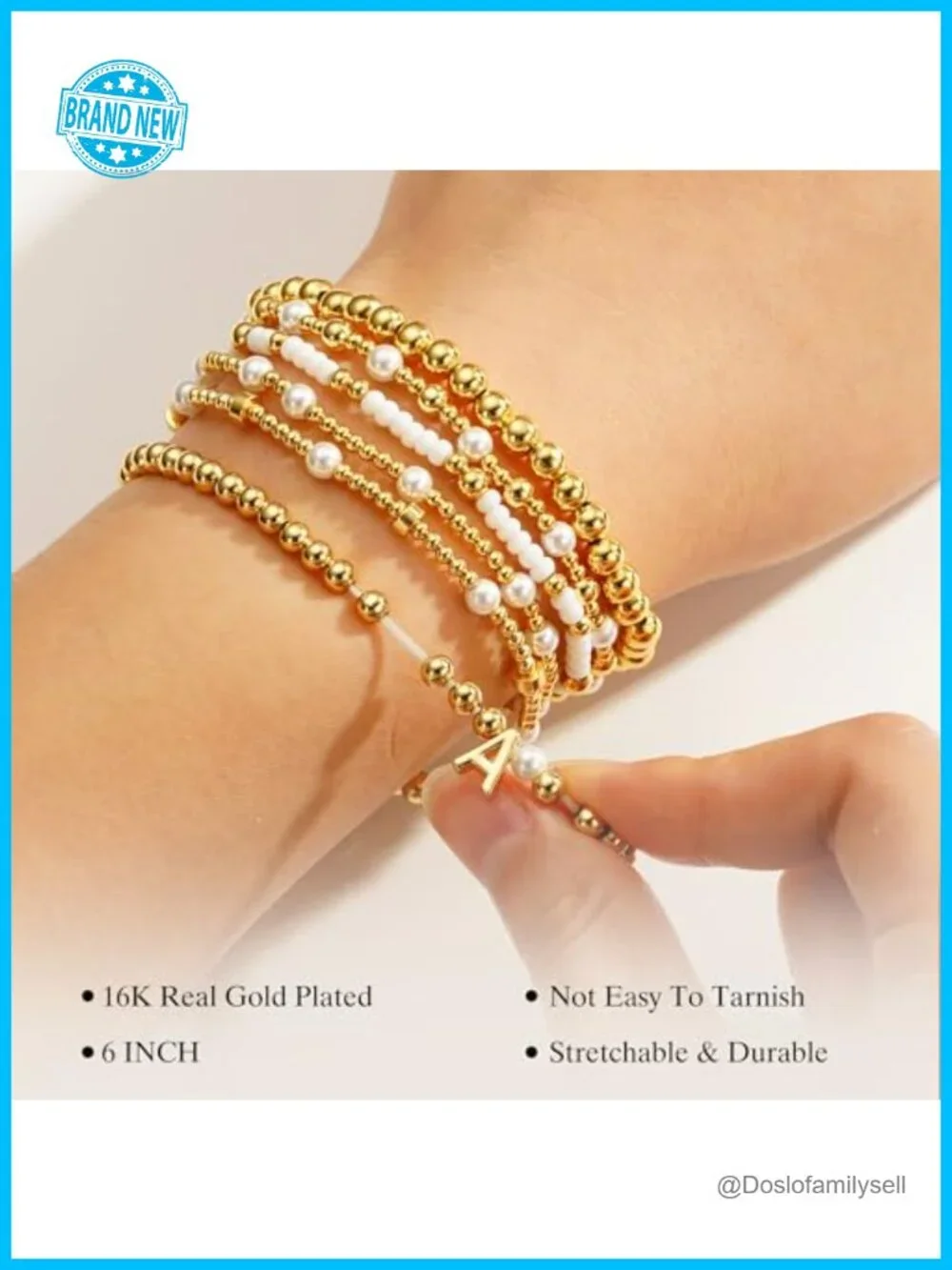 18K Gold Plated Beaded Initial Bracelet Set 6PCS Stackable Stretch Bracelets